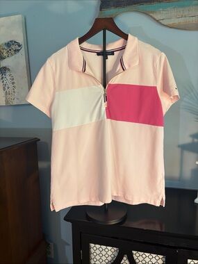 Tommy Hilfiger Light Pink White and Hot Pink Zip Polo Top